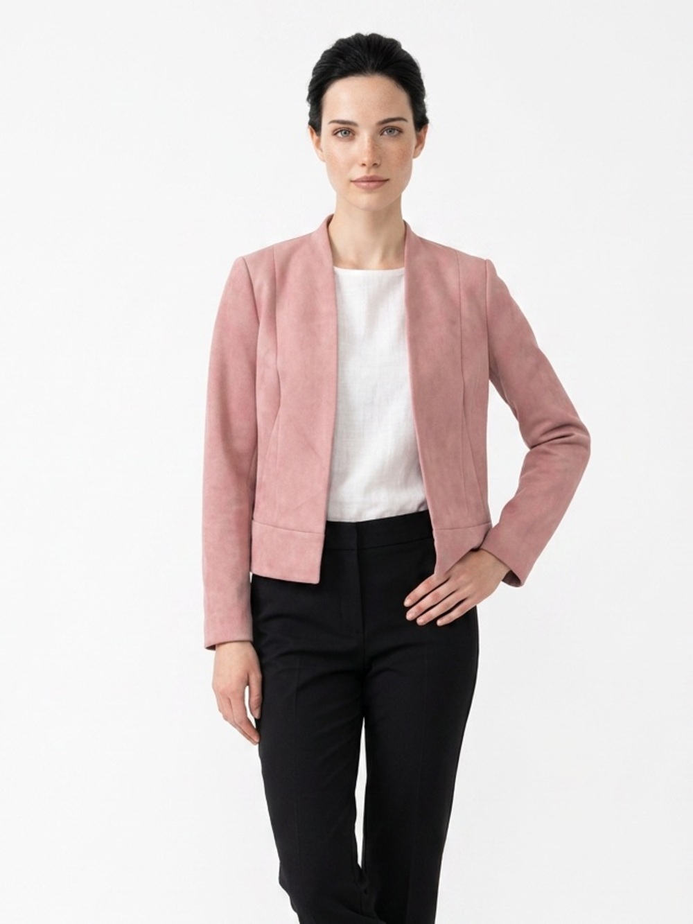Tahari ASL Dusty Pink Collarless Open-Front Blazer